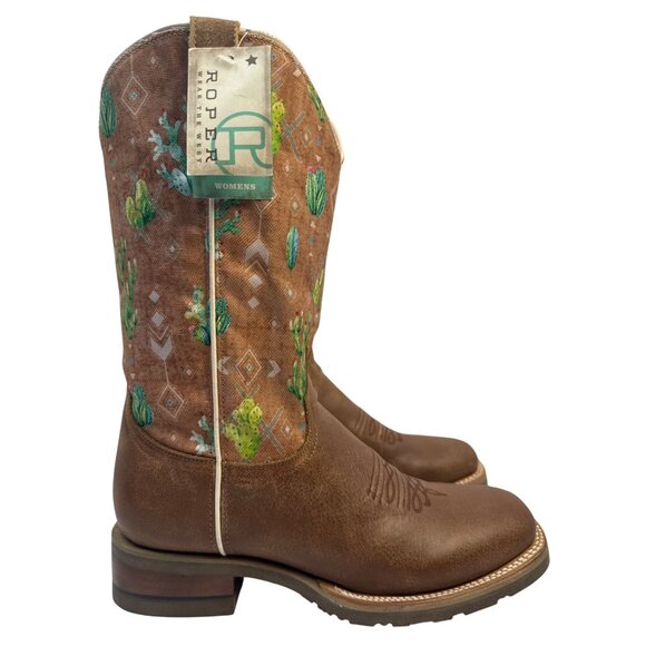 Roper Women's Vintage Brown Broad Square Toe Boots with Cactus & Aztec Size 9 - Picture 1 of 10